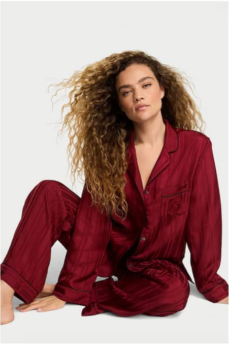 Stripe Jacquard Satin Long Pyjamas Set