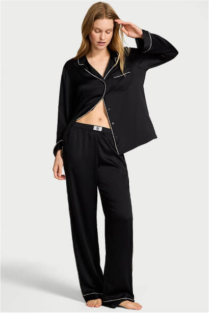 Black Diamanté Trim Satin Shine Long Pyjamas Set