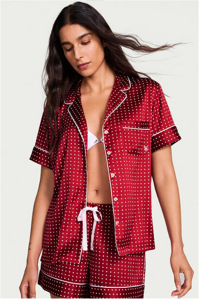 Red Lacquer White Dot Christmas Satin Short Pyjamas Set